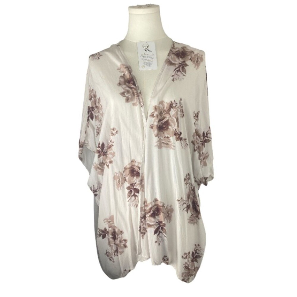 Lightweight Floral Kimono Cardigan - Cream and Brown Wms OS #0265